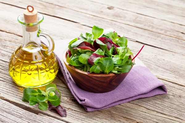 Lístky salátu a olivový olej — Stock fotografie
