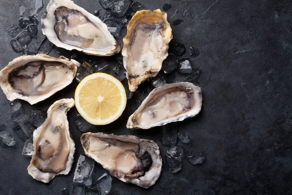 Oysters, ice and lemon — Stock Photo, Image