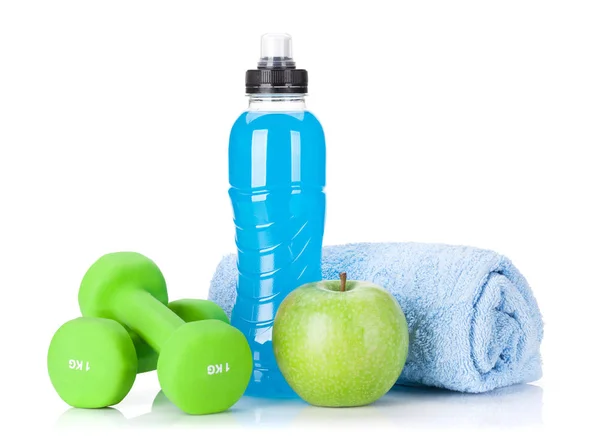 Dumbbells, towel, apple and water bottle — Stock Photo, Image