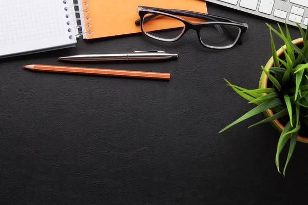 Keyboard, notepad, kacamata dan tanaman — Stok Foto