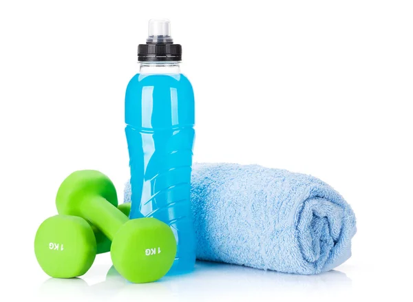 Dumbbells, towel and water bottle — Stock Photo, Image