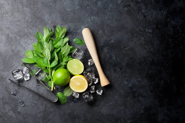 Menta, lima, hielo y utensilios — Foto de Stock