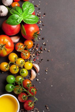 Domates, fesleğen, zeytinyağı ve baharatlar