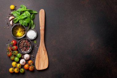 Domates, fesleğen, zeytinyağı ve baharatlar