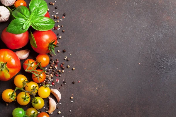 Tomatoes, basil, olive oil and spices — Stock Photo, Image