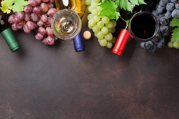 Винні пляшки, келихи та виноград — стокове фото