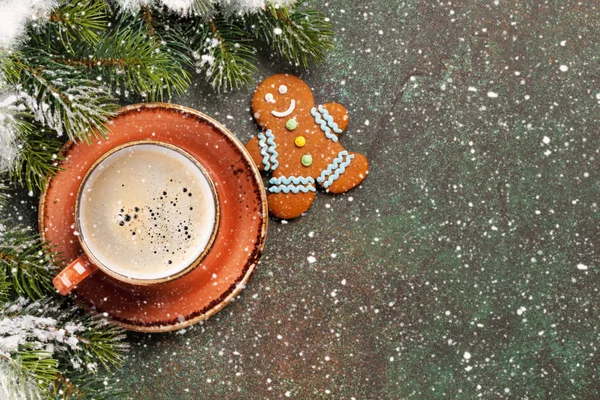 Fir tree, coffee and gingerbread cookie — Stock Photo, Image