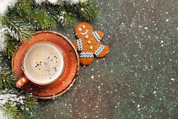 Fir tree, kávy a perník cookie — Stock fotografie