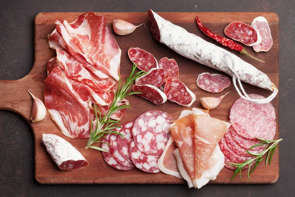 Salame Prosciutto Affettato Salsiccia Prosciutto Pancetta Piatto Antipasto Carne Sul — Foto Stock