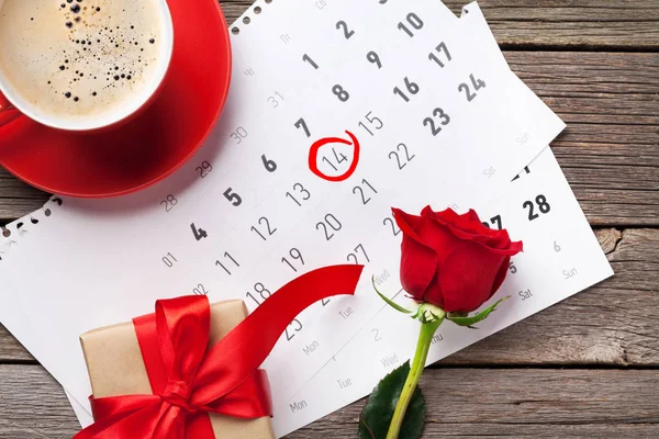 Valentin Nap Üdvözlőlap Piros Rózsa Kávé Csésze Ajándék Doboz Február — Stock Fotó