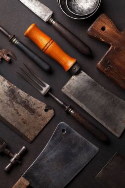 Taş Masa üzerinde Vintage mutfak eşyaları. Üstten Görünüm