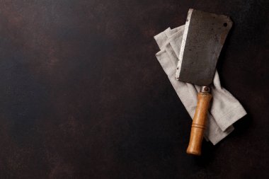 Kasap. Taş Masa üzerinde Vintage et bıçağı. Üstten Görünüm alanı ile