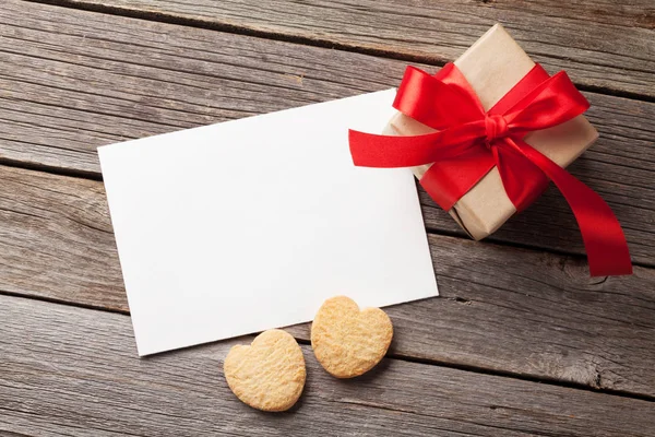 Valentines Day Greeting Card Heart Shaped Cookies Gift Box Wooden — Stock Photo, Image