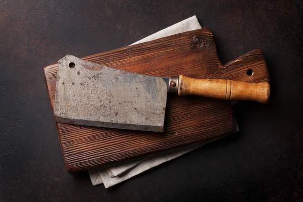 Butcher Vintage Meat Knife Cutting Board Top View — Stock Photo, Image