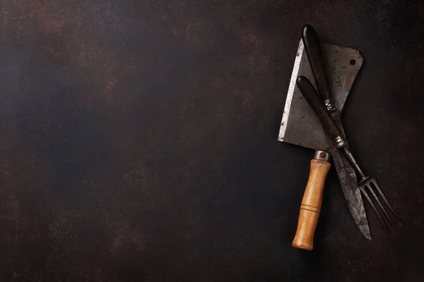 Utensílios Cozinha Carne Vintage Sobre Mesa Pedra Vista Superior Com — Fotografia de Stock