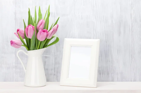 Fresh Pink Tulip Flowers Bouquet Blank Photo Frame Copy Space — Stock Photo, Image