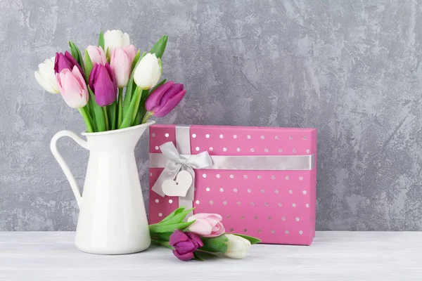 Colorful Tulips Bouquet Gift Box Front Stone Wall Space Your — Stock Photo, Image