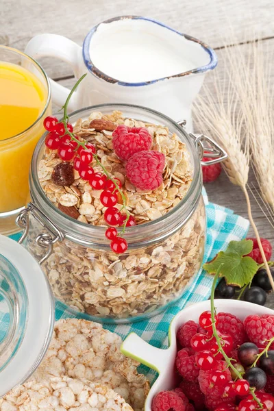 Healthy Breakfast Muesli Berries Orange Juice Milk Wooden Table — Stock Photo, Image