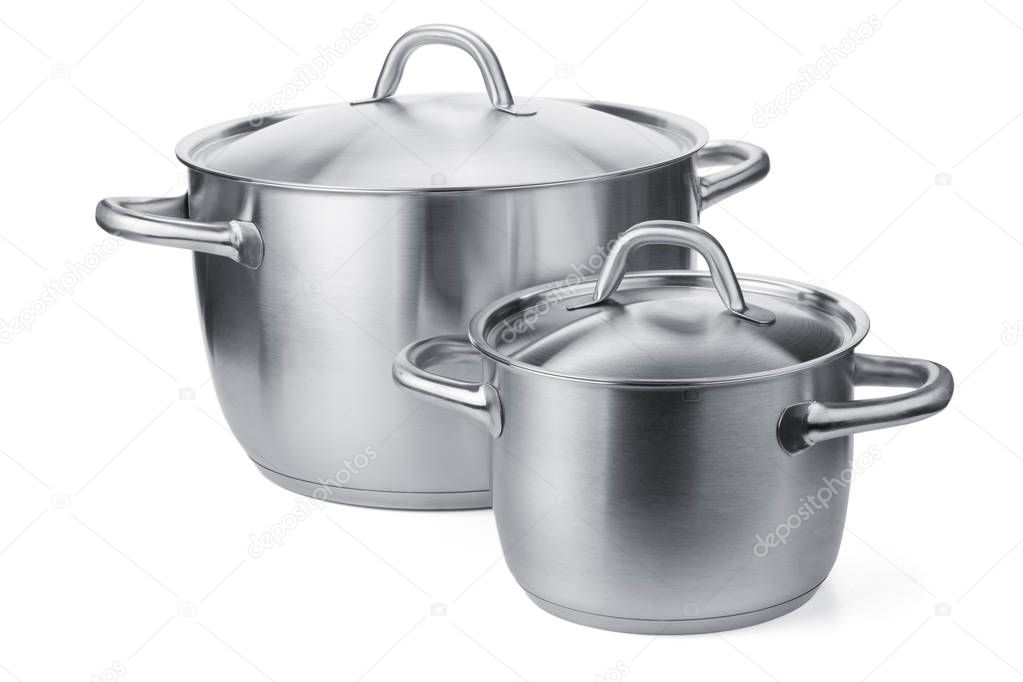 Two stainless steel pots isolated on white background
