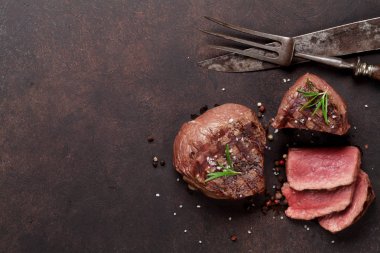 Izgara fileto biftek. Kopya alanı ile Üstten Görünüm 