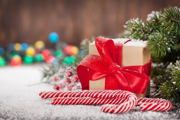 Caixa Presente Natal Bengalas Doces Abeto Neve Xmas Cartão Saudação — Fotografia de Stock