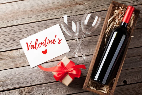 Kaart Van Groet Van Dag Van Valentijnskaarten Rode Wijn Cadeau — Stockfoto