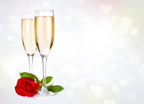 Two Champagne Glasses Rose Heart Bokeh Background — Stock Photo, Image