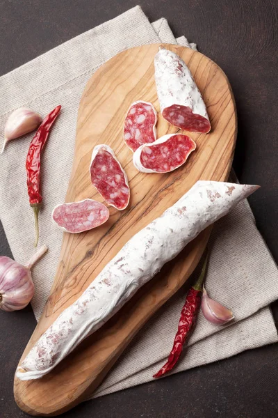 Sliced Salami Cutting Board Top View — Stock Photo, Image