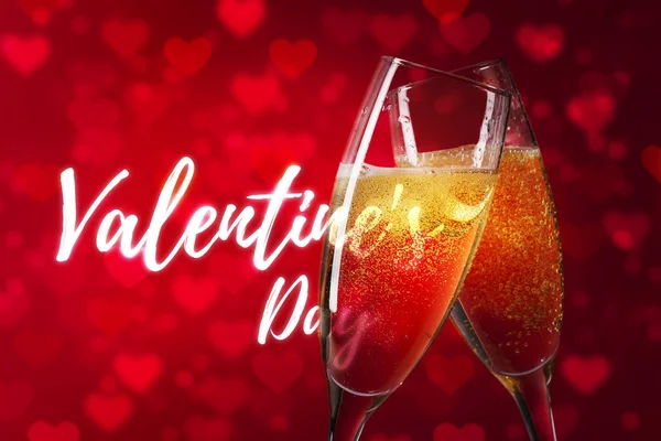 Happy Valentine Day Fond Coeur Rouge Deux Verres Champagne — Photo