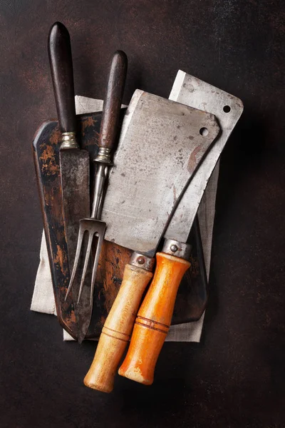 Utensilios Cocina Vintage Carnicero Cuchillo Tenedor Sobre Tabla Piedra Vista — Foto de Stock