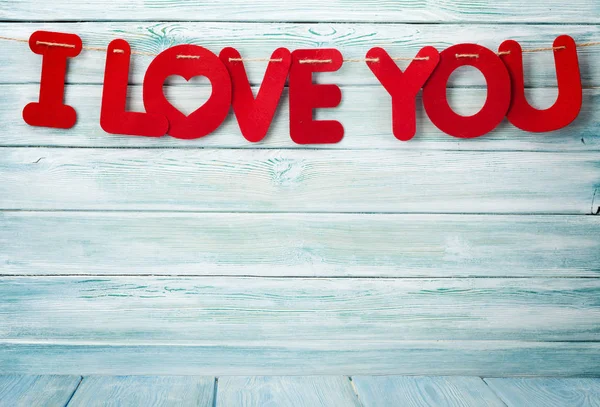 Valentines Day Greeting Card Love You Text Wooden Background Space — Stock Photo, Image