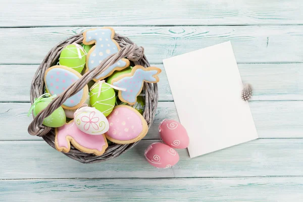Easter Gingerbread Cookies Basket Wooden Table Top View Blank Greeting — Stock Photo, Image