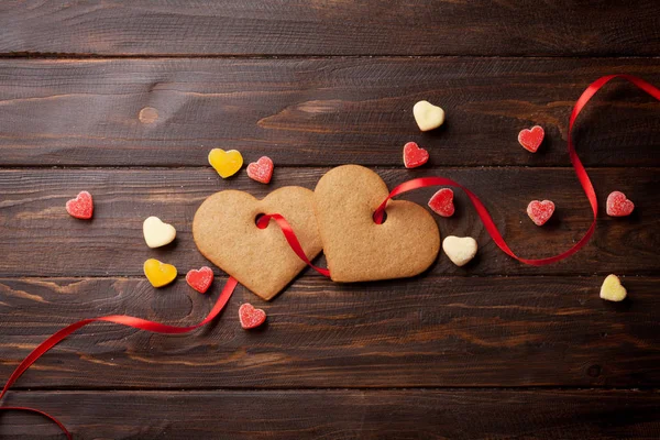 Valentines Day Greeting Card Cookies Wooden Table Top View Space — Stock Photo, Image