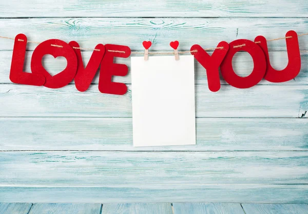 San Valentino Biglietto Auguri Con Amore Parole Cornice Sfondo Legno — Foto Stock
