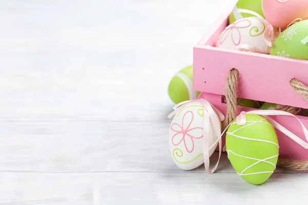 Easter Eggs Pink Gift Box Wooden Table Space — Stock Photo, Image