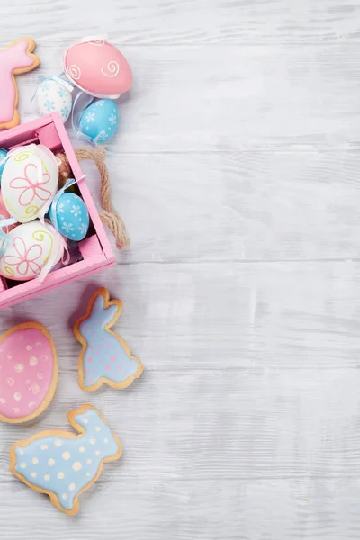 Easter Colorful Gingerbread Rabbits Eggs Wooden Table Top View Space — Stock Photo, Image
