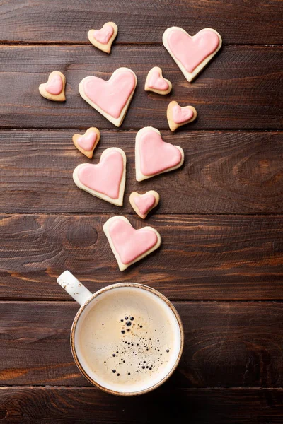 Biglietto Auguri San Valentino Con Biscotti Forma Cuore Tazza Caffè — Foto Stock