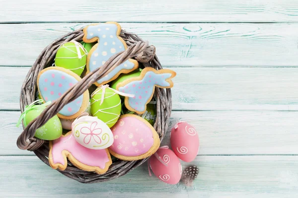 Easter Gingerbread Cookies Wooden Table Eggs Rabbits Top View Space — Stock Photo, Image