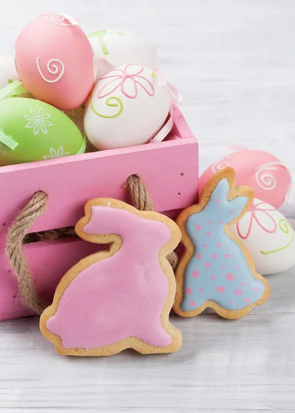 Easter Gingerbread Rabbit Cookies Eggs Greeting Card — Stock Photo, Image