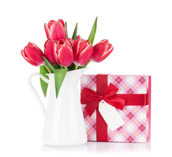 Red Tulips Bouquet Jug Gift Box Valentine Day Easter Greeting — Stock Photo, Image