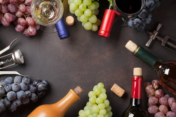 Wine Bottles Grapes Stone Table Top View Space Your Text — Stock Photo, Image