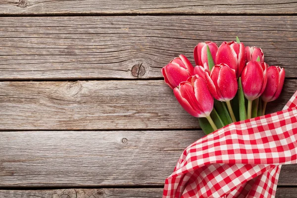Red Tulips Bouquet Wooden Background Valentine Day Easter Greeting Card — Stock Photo, Image