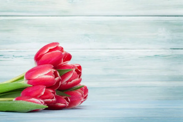 Red Tulips Bouquet Front Wooden Wall Space Greetings — Stock Photo, Image