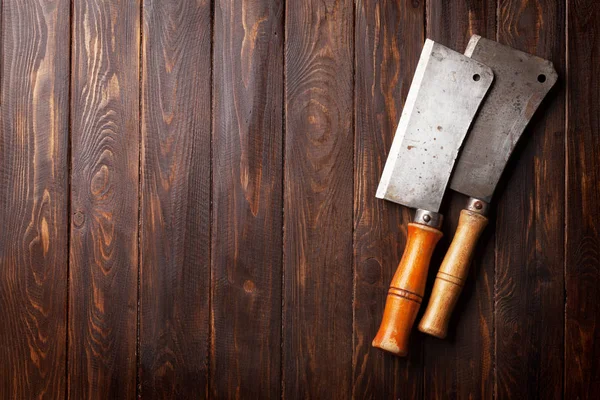 Slager Vintage Vlees Messen Houten Plank Bovenaanzicht Met Ruimte Voor — Stockfoto