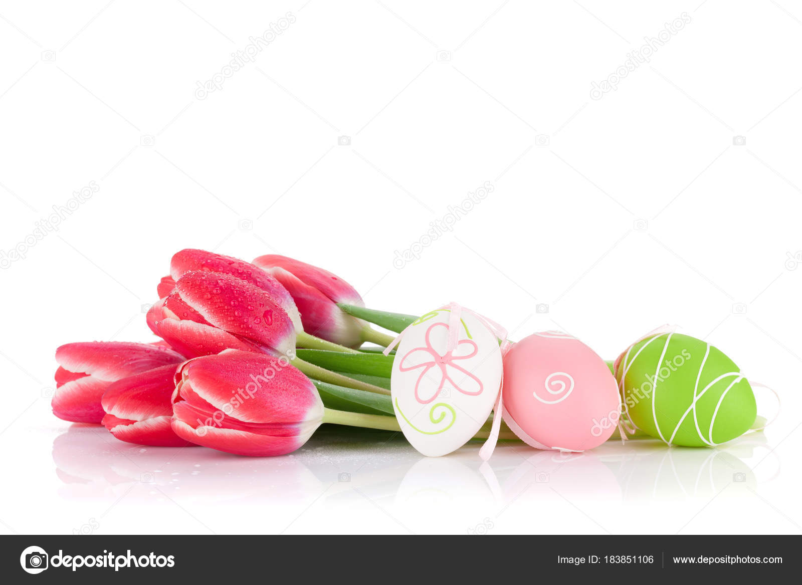 赤いチューリップの花の花束とイースターの卵が白い背景で隔離 ストック写真 C Karandaev