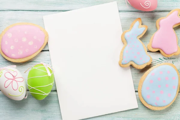 Easter Gingerbread Cookies Greeting Card Wooden Table Eggs Rabbits Top — Stock Photo, Image