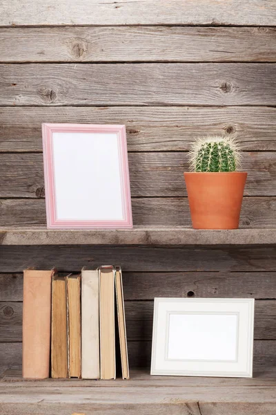 Old Books Wooden Shelf Photo Frames Cactus Plant — Stock Photo, Image