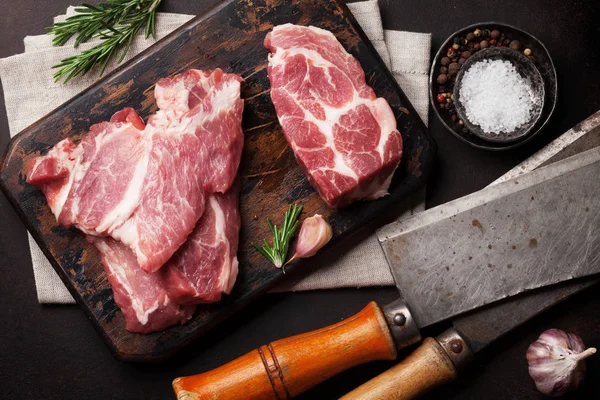 Viande Porc Crue Épices Vue Dessus — Photo