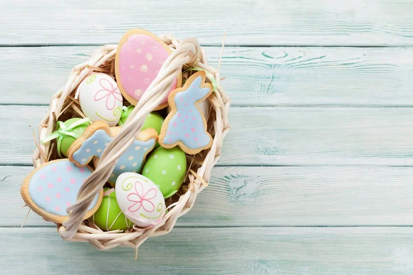 Easter Gingerbread Cookies Wooden Table Eggs Rabbits Top View Space — Stock Photo, Image