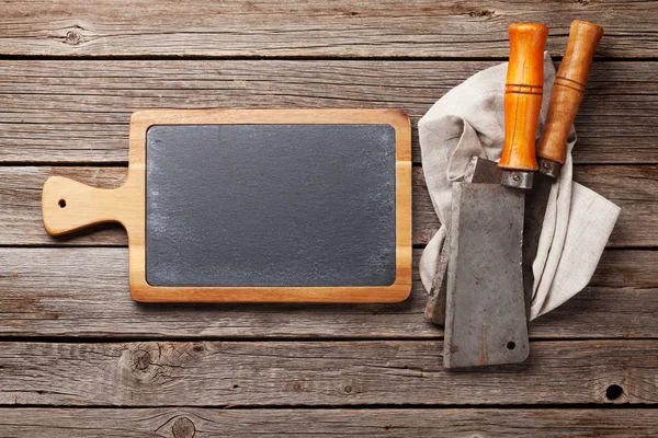 Slaktaren Vintage Kött Knivar Och Blackboard Ovanifrån Med Utrymme För — Stockfoto